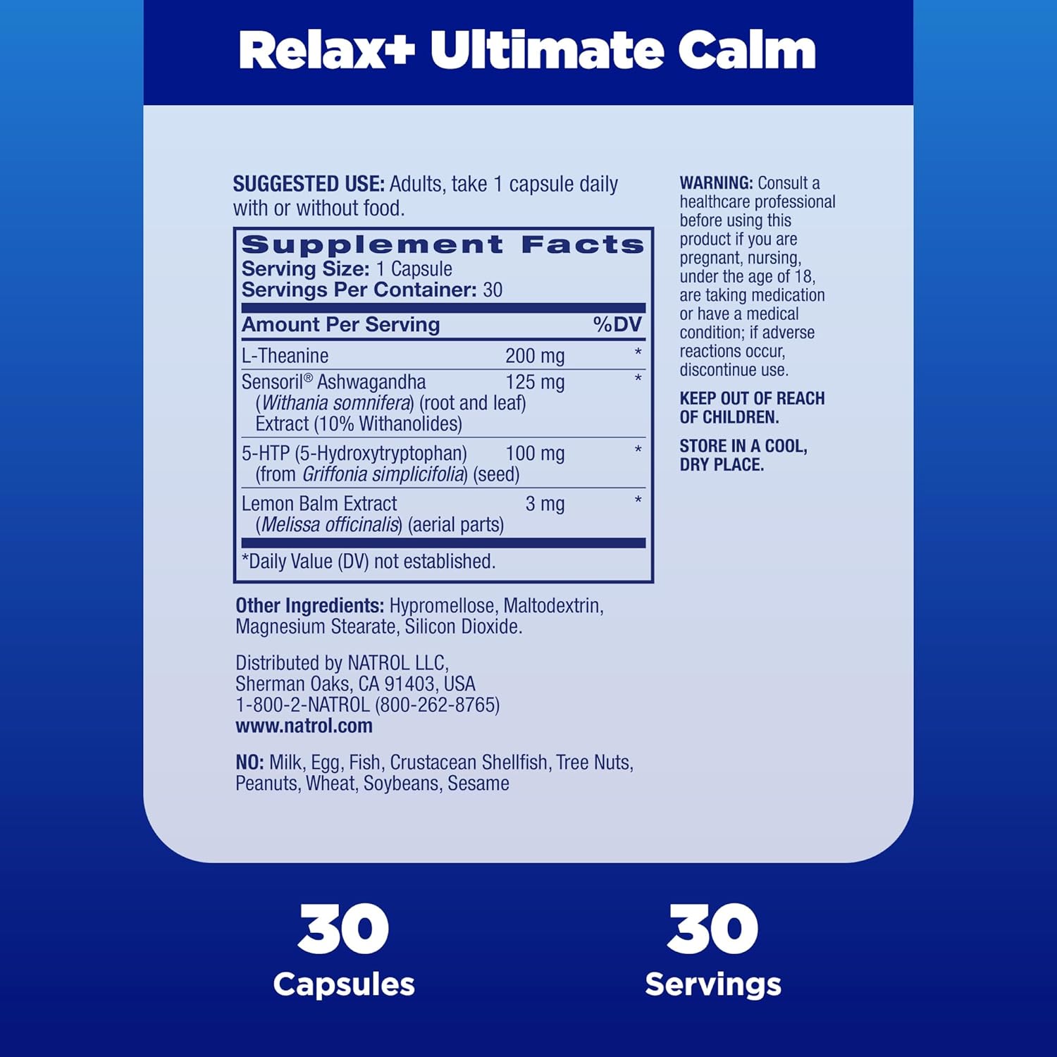 Natrol Relax+ Ultimate Calm Supplement with Ashwagandha & Lemon Balm, 30 Capsules