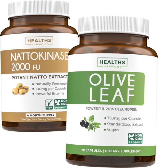 Nattokinase & Olive Leaf Combo - 4-Month Supply, Powerful Soybeans & Super Strength Extract with 20% Oleuropein