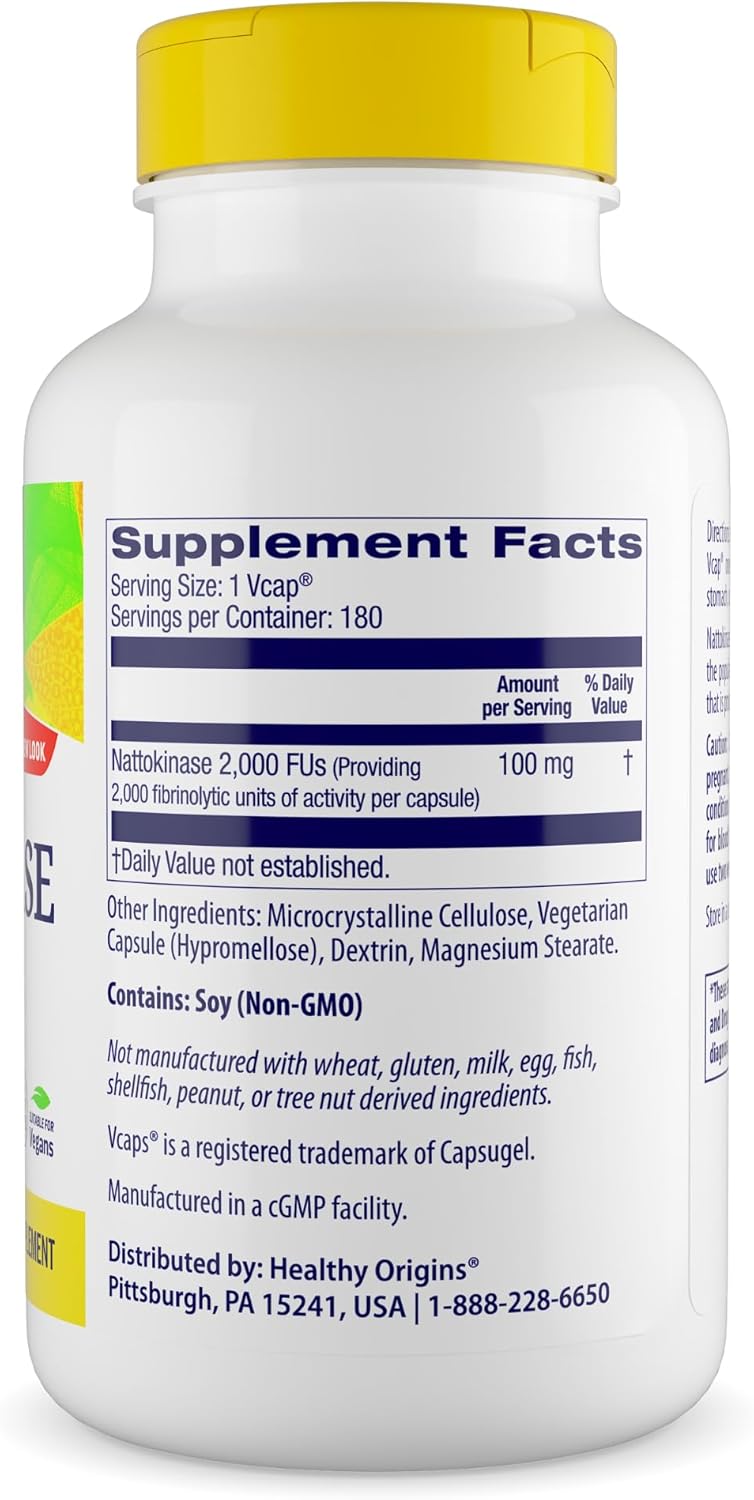 Nattokinase Supplement 2000 FUs, 100mg - 180 Vegan Capsules - Non-GMO & Gluten-Free Formula by Healthy Origins