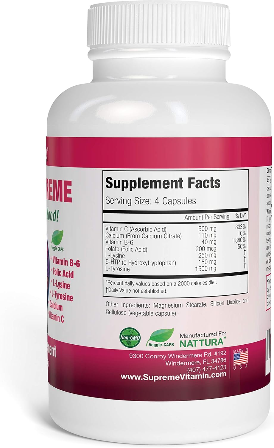 Nattura 5-HTP Supreme Capsules for Positive Mood, Relaxation, and Appetite Control - 90 Count with 5-HTP, L-Tyrosine, L-Lysine, and Vitamins