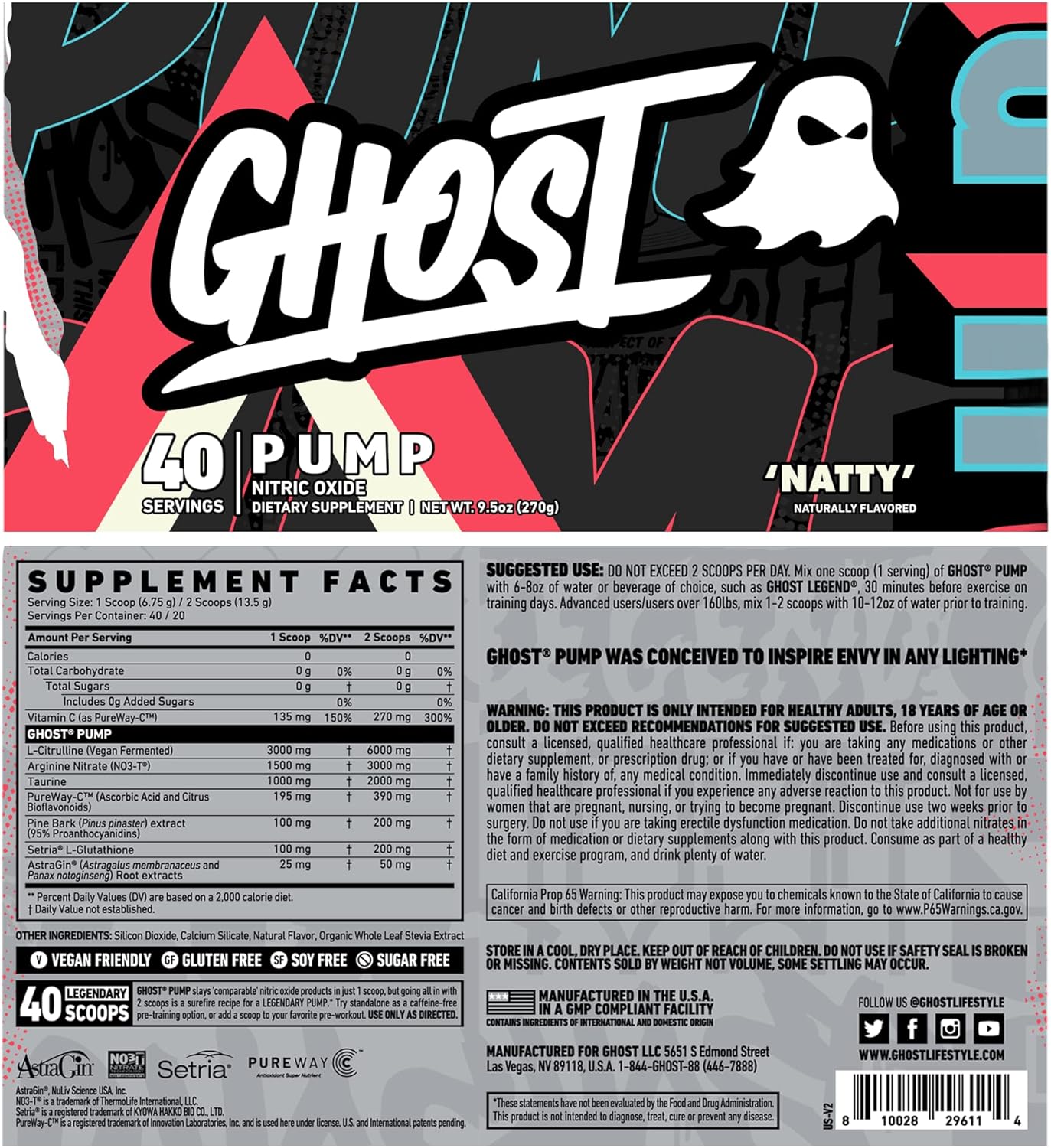 Natty GHOST Pump Nitric Oxide Powder - 40 Servings, Sugar & Stim-Free Pre-Workout - L-Citrulline, Arginine Nitrate, L-Glutathione - Soy & Gluten-Free, Vegan