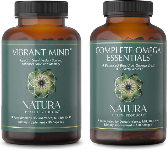 Natura Health Products Bundle: Nootropic Brain Supplement with Omega 3, 6, 7 & 9 for Memory and Focus - Vibrant Mind & Complete Essentials