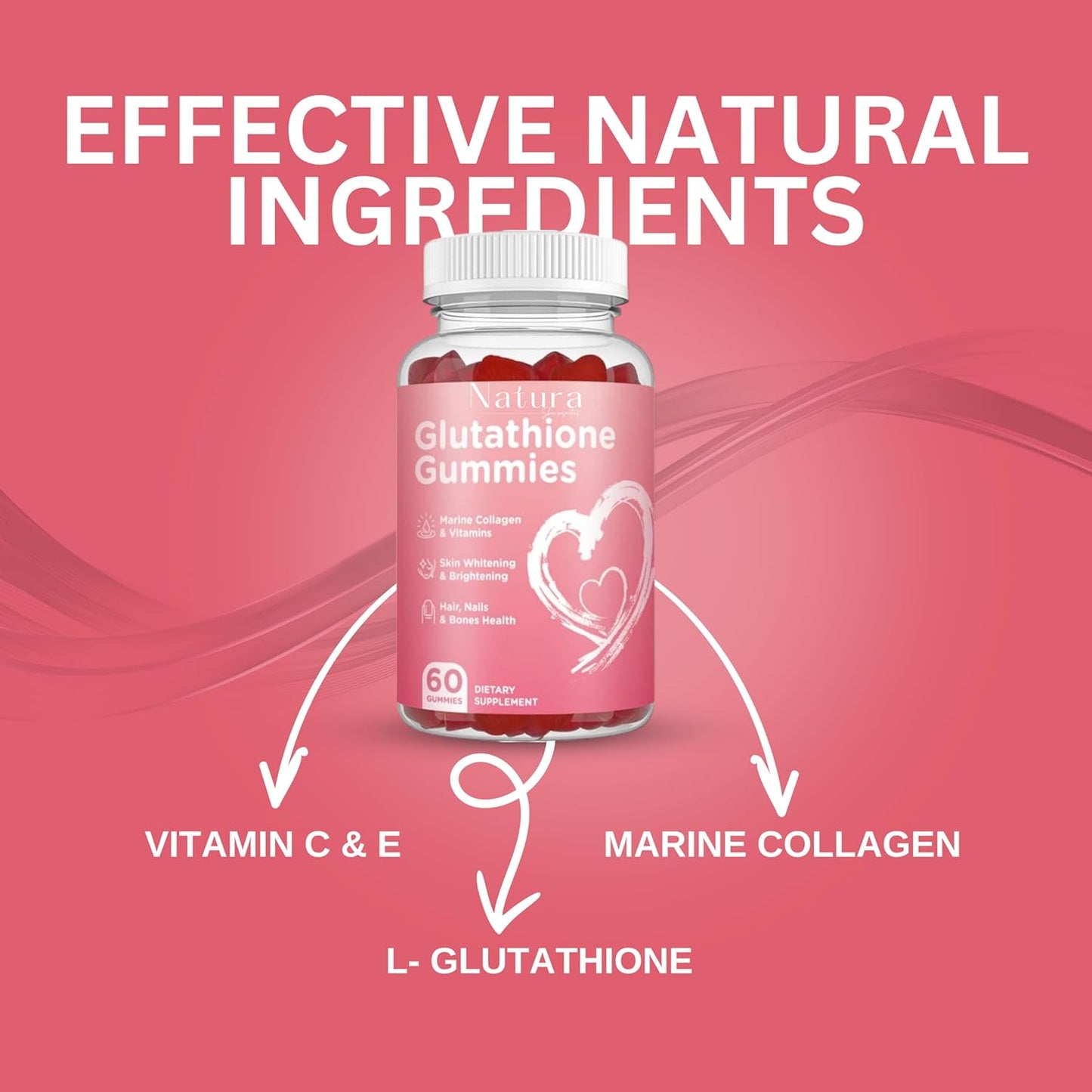 NATURA SKIN COSMETICS Glutathione Gummies - Repair, Brighten, and Rejuvenate Skin - Anti-Aging - Acne Clearing - Dark Spot Reduction - L-Glutathione, Collagen, Vitamins - Pink