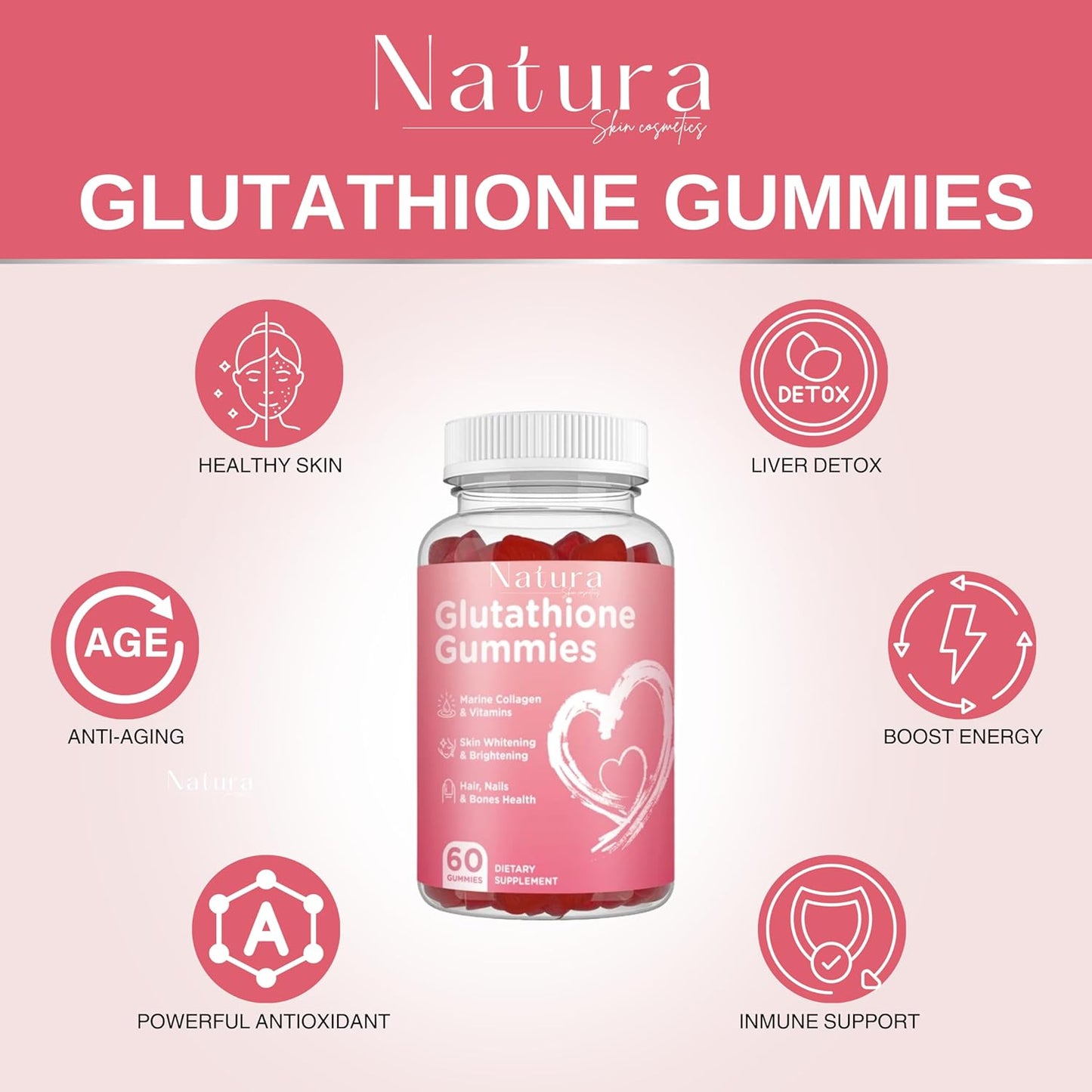 NATURA SKIN COSMETICS Glutathione Gummies - Repair, Brighten, and Rejuvenate Skin - Anti-Aging - Acne Clearing - Dark Spot Reduction - L-Glutathione, Collagen, Vitamins - Pink
