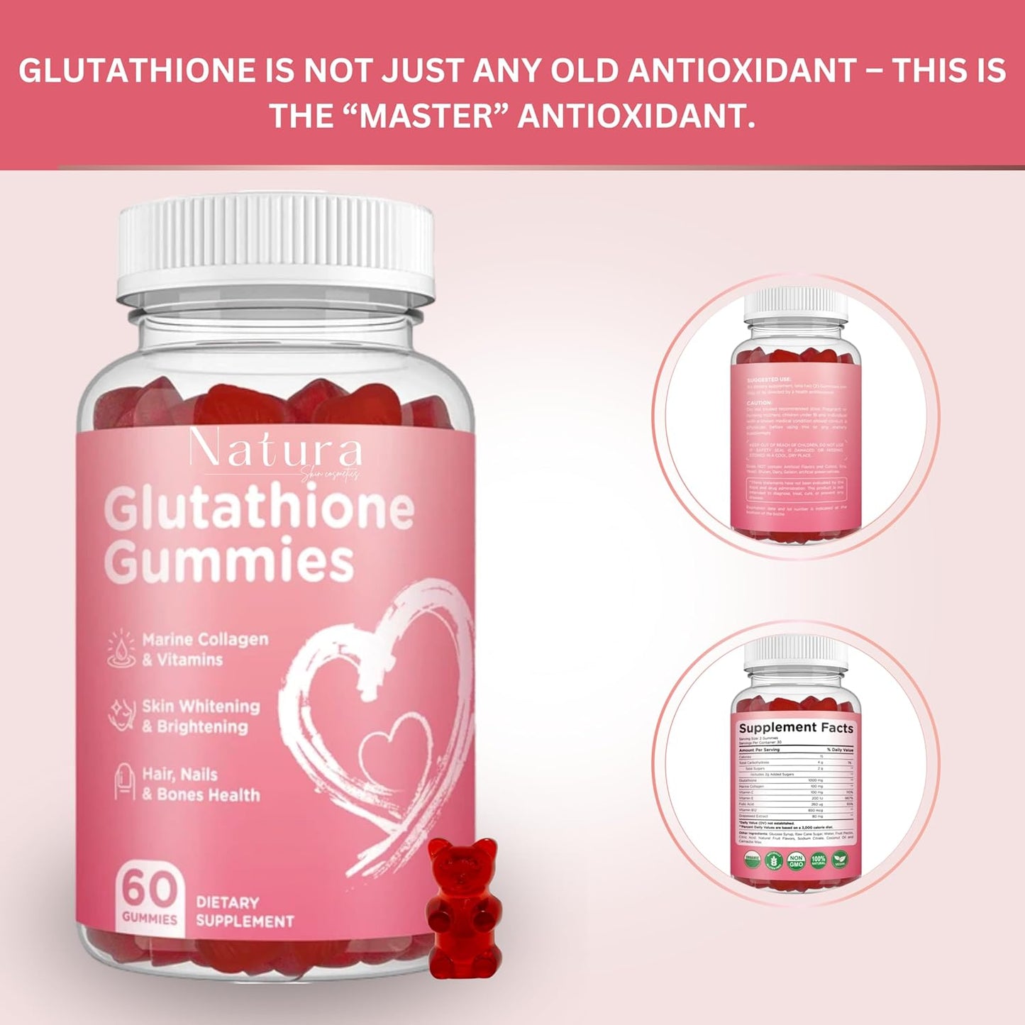 NATURA SKIN COSMETICS Glutathione Gummies - Repair, Brighten, and Rejuvenate Skin - Anti-Aging - Acne Clearing - Dark Spot Reduction - L-Glutathione, Collagen, Vitamins - Pink