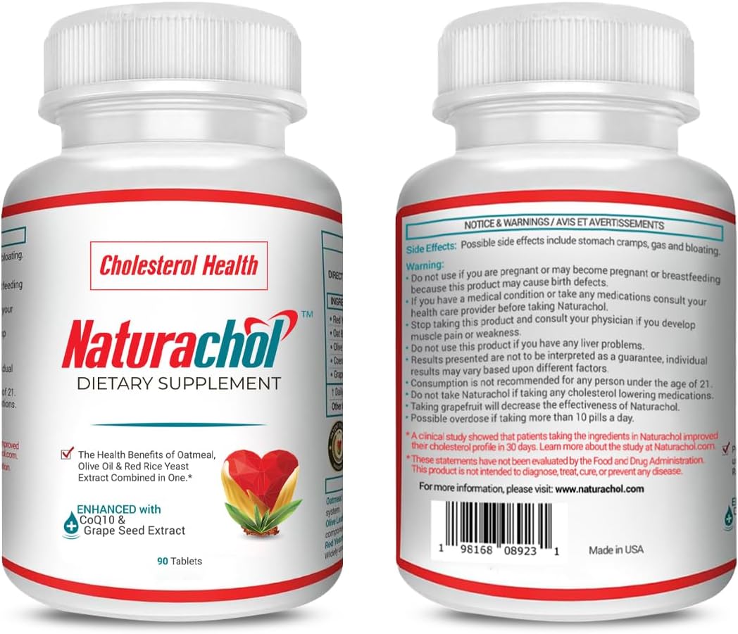 Naturachol Vegan Cholesterol Support Formula with Red Yeast Rice Extract, CoQ10, and Grape Seed Extract - 90 Tablets