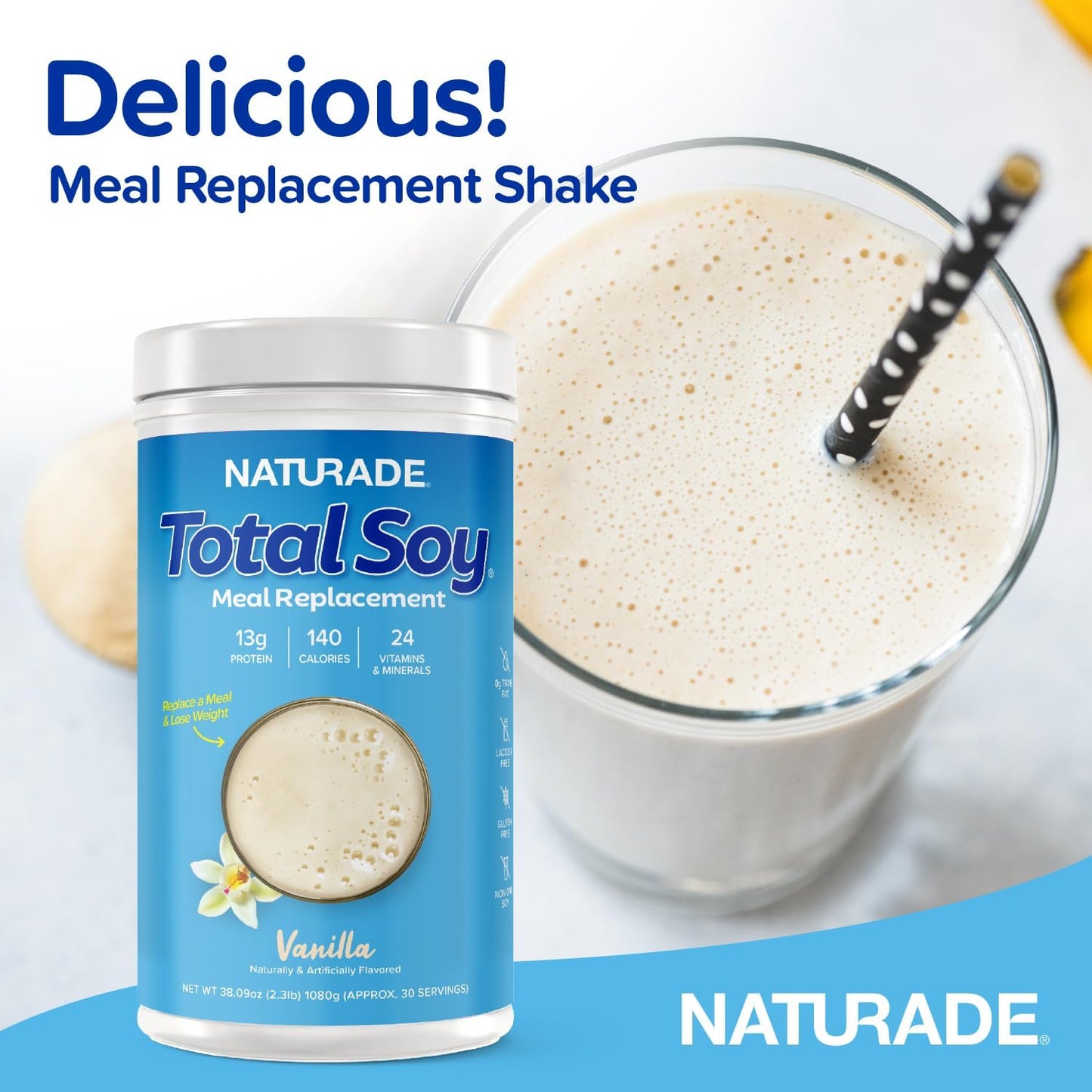 Naturade Total Soy Protein Powder Vanilla - 13g Protein, 140 Calories per Serving, Non-GMO, Lactose & Gluten Free - 30 Servings
