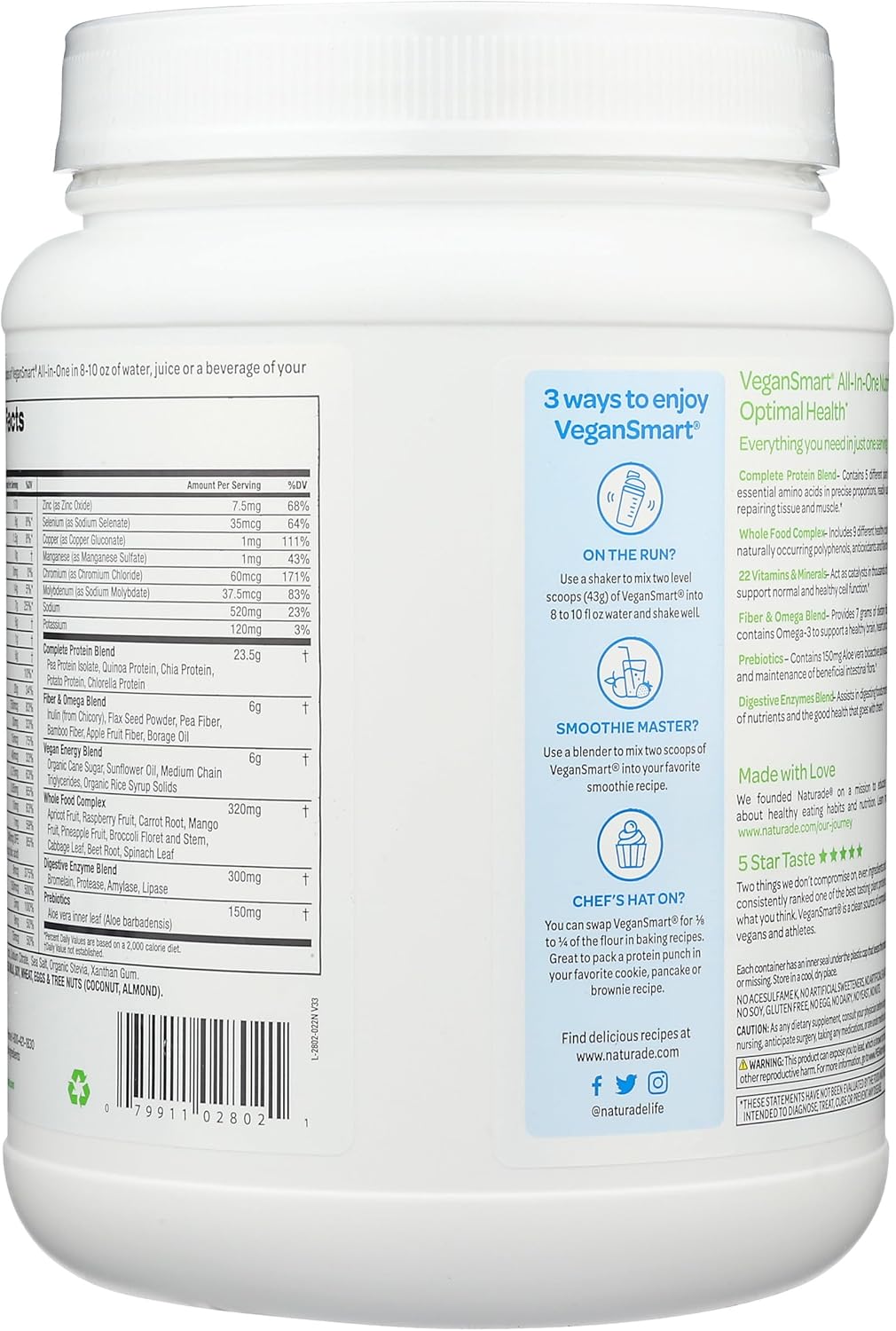 Naturade Vegansmart Plant Based Vegan Protein Powder - All-in-One Shake Blend - Vanilla Flavor - Gluten Free & Non-GMO - 15 Servings