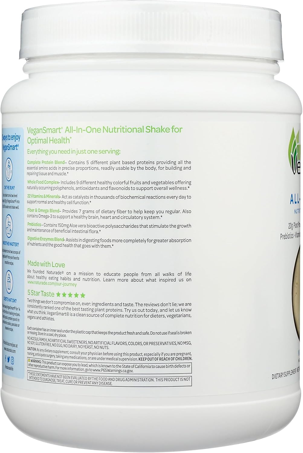 Naturade Vegansmart Plant Based Vegan Protein Powder - All-in-One Shake Blend - Vanilla Flavor - Gluten Free & Non-GMO - 15 Servings