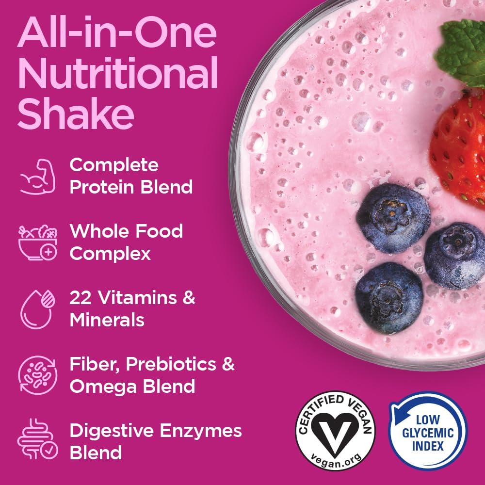 Naturade Vegansmart Wild Berries Plant Based Protein Powder - All-in-One Nutritional Shake Blend - Gluten Free & Non-GMO - 15 Servings