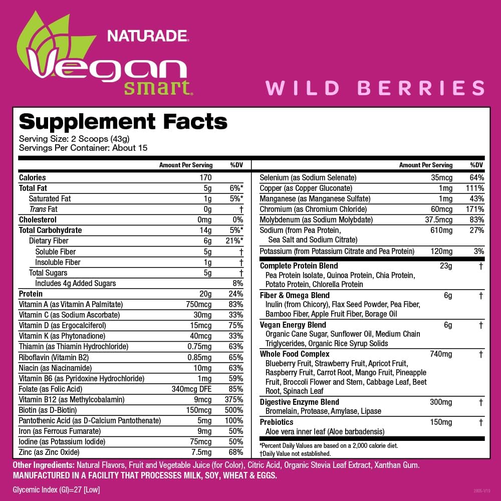 Naturade Vegansmart Wild Berries Plant Based Protein Powder - All-in-One Nutritional Shake Blend - Gluten Free & Non-GMO - 15 Servings