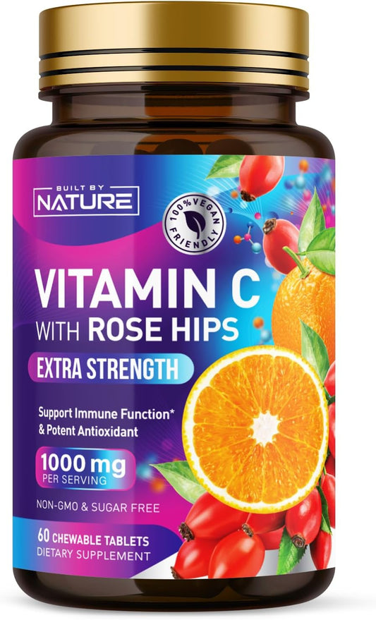 Natural 1000mg Vitamin C with Rose HIPS Chewable Tablets - Immune Support & Antioxidant - Vegan & Gluten-Free - Energy & Collagen Boost - Orange Flavor - 60 Count