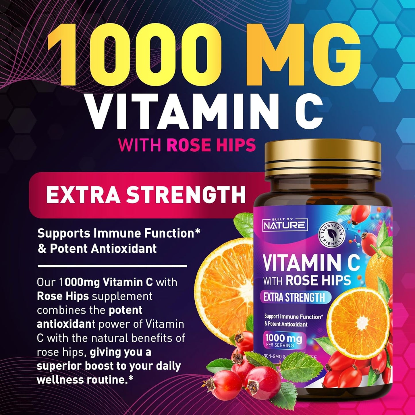 Natural 1000mg Vitamin C with Rose HIPS Chewable Tablets - Immune Support & Antioxidant - Vegan & Gluten-Free - Energy & Collagen Boost - Orange Flavor - 60 Count