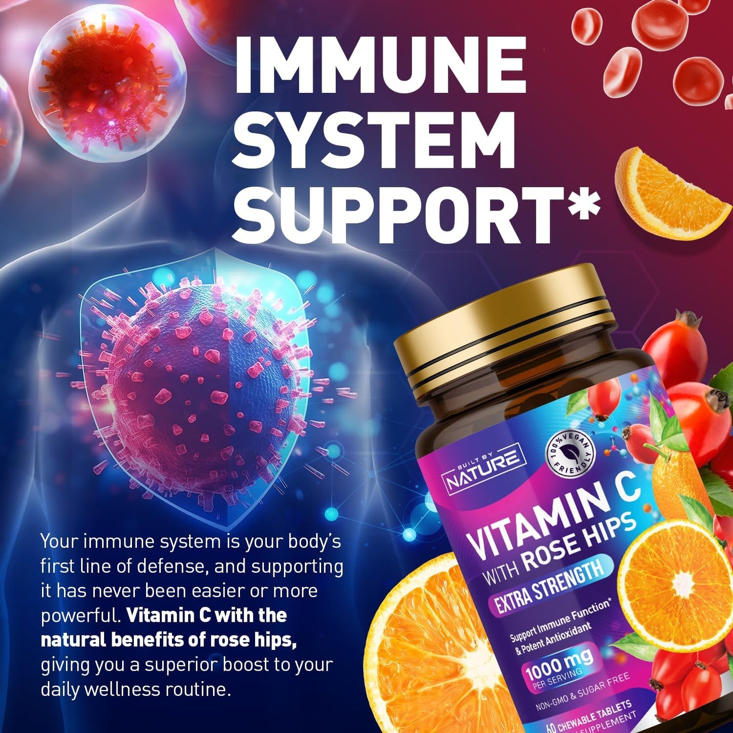 Natural 1000mg Vitamin C with Rose HIPS Chewable Tablets - Immune Support & Antioxidant - Vegan & Gluten-Free - Energy & Collagen Boost - Orange Flavor - 60 Count