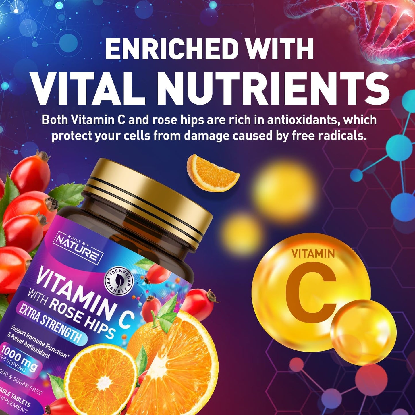 Natural 1000mg Vitamin C with Rose HIPS Chewable Tablets - Immune Support & Antioxidant - Vegan & Gluten-Free - Energy & Collagen Boost - Orange Flavor - 60 Count