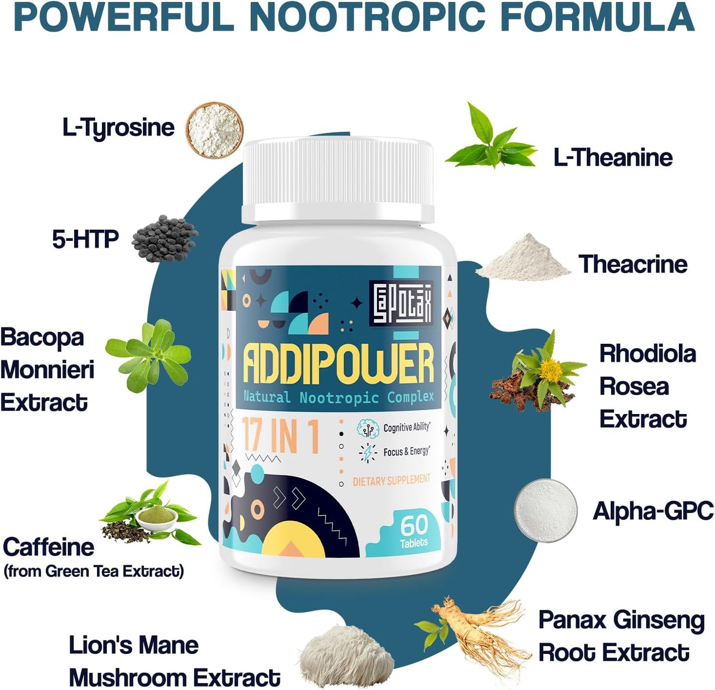 Natural 17-in-1 Nootropic Brain Supplement for Memory, Focus, and Mental Clarity | Herbal Extracts, Vitamins, and Amino Acids | 120 Tablets