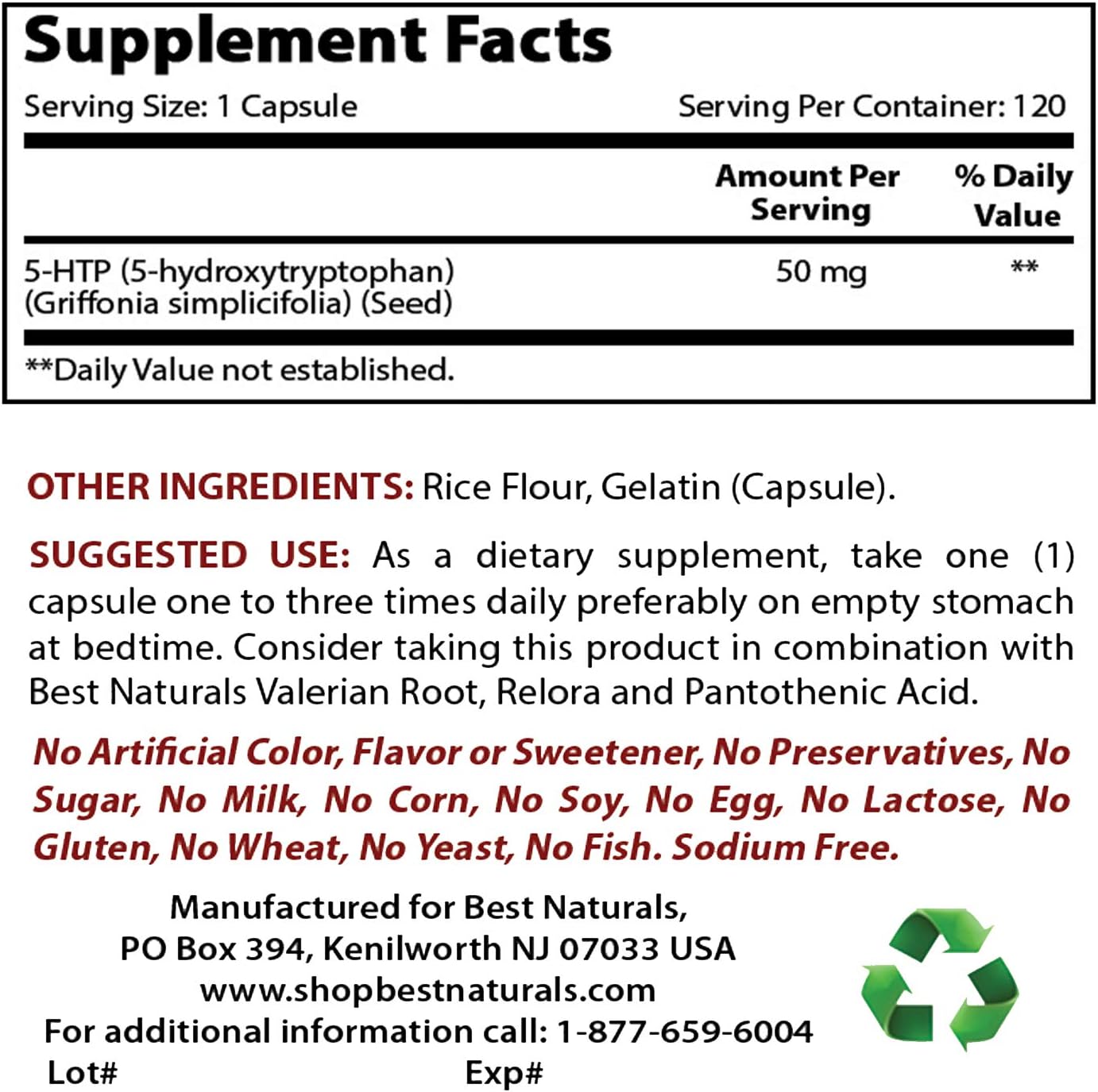 Natural 5-HTP Capsules for Relaxation and Restful Sleep - 120 Capsules, 50mg - Top Choice