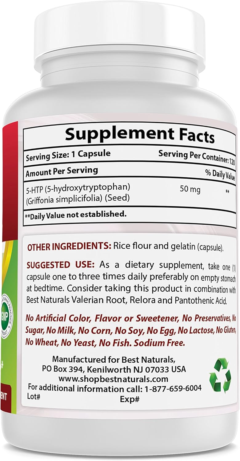 Natural 5-HTP Capsules for Relaxation and Restful Sleep - 120 Capsules, 50mg - Top Choice