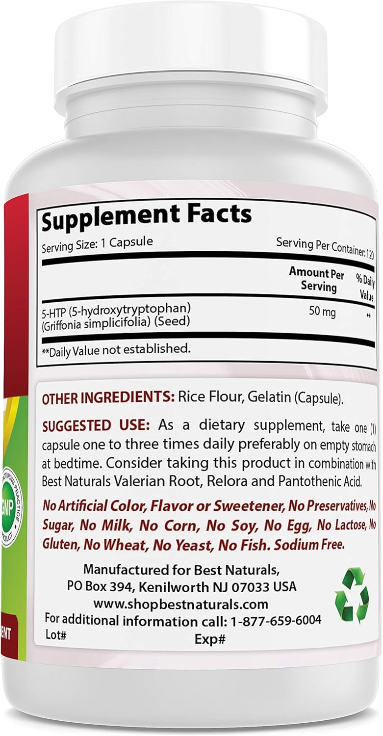 Natural 5-HTP Capsules for Relaxation and Restful Sleep - 120 Capsules, 50mg - Top Choice