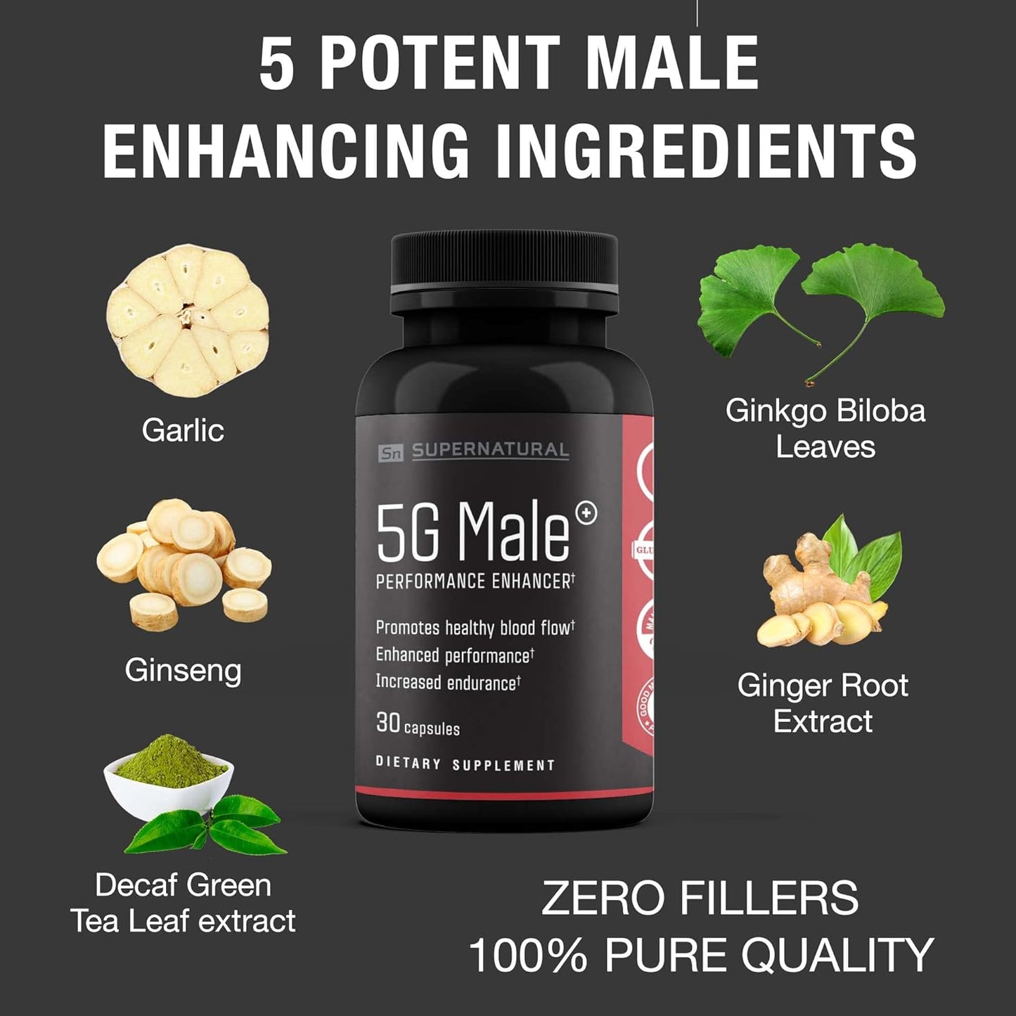 Natural 5G Male Supplement for Enhanced Blood Flow, Stamina, Strength, and Endurance - Ginseng, Garlic, Ginkgo, Ginger Root, Vitamin D - Supports Healthy Males - 90 Capsules