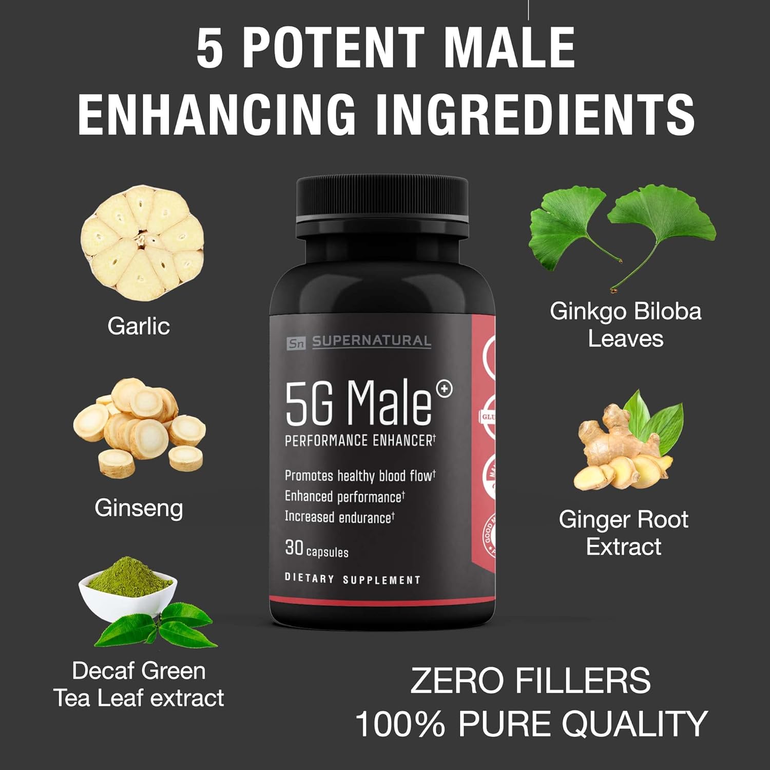 Natural 5G Male Supplement for Enhanced Blood Flow, Stamina, Strength, and Endurance - Ginseng, Garlic, Ginkgo, Ginger Root, Vitamin D - Supports Healthy Males - 90 Capsules