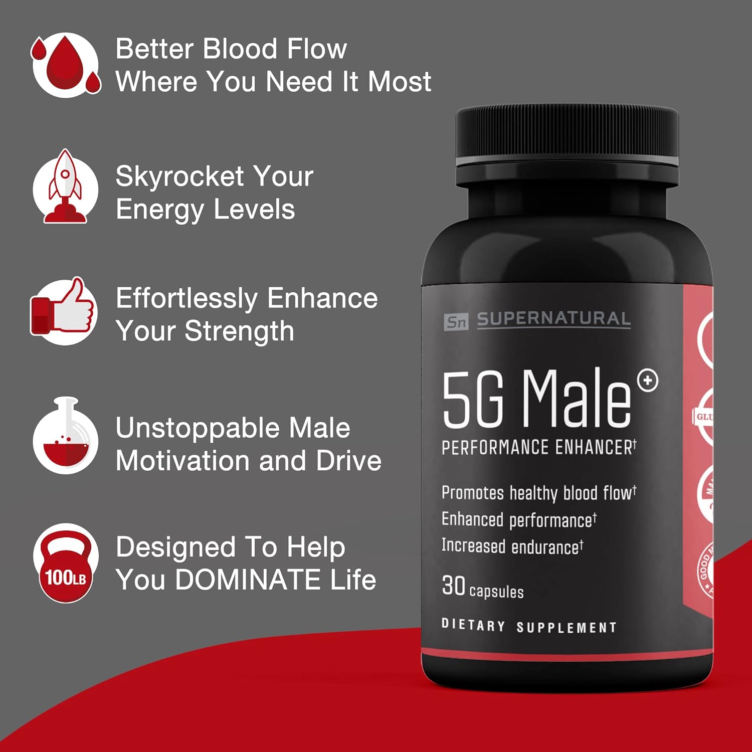 Natural 5G Male Supplement for Enhanced Blood Flow, Stamina, Strength, and Endurance - Ginseng, Garlic, Ginkgo, Ginger Root, Vitamin D - Supports Healthy Males - 90 Capsules