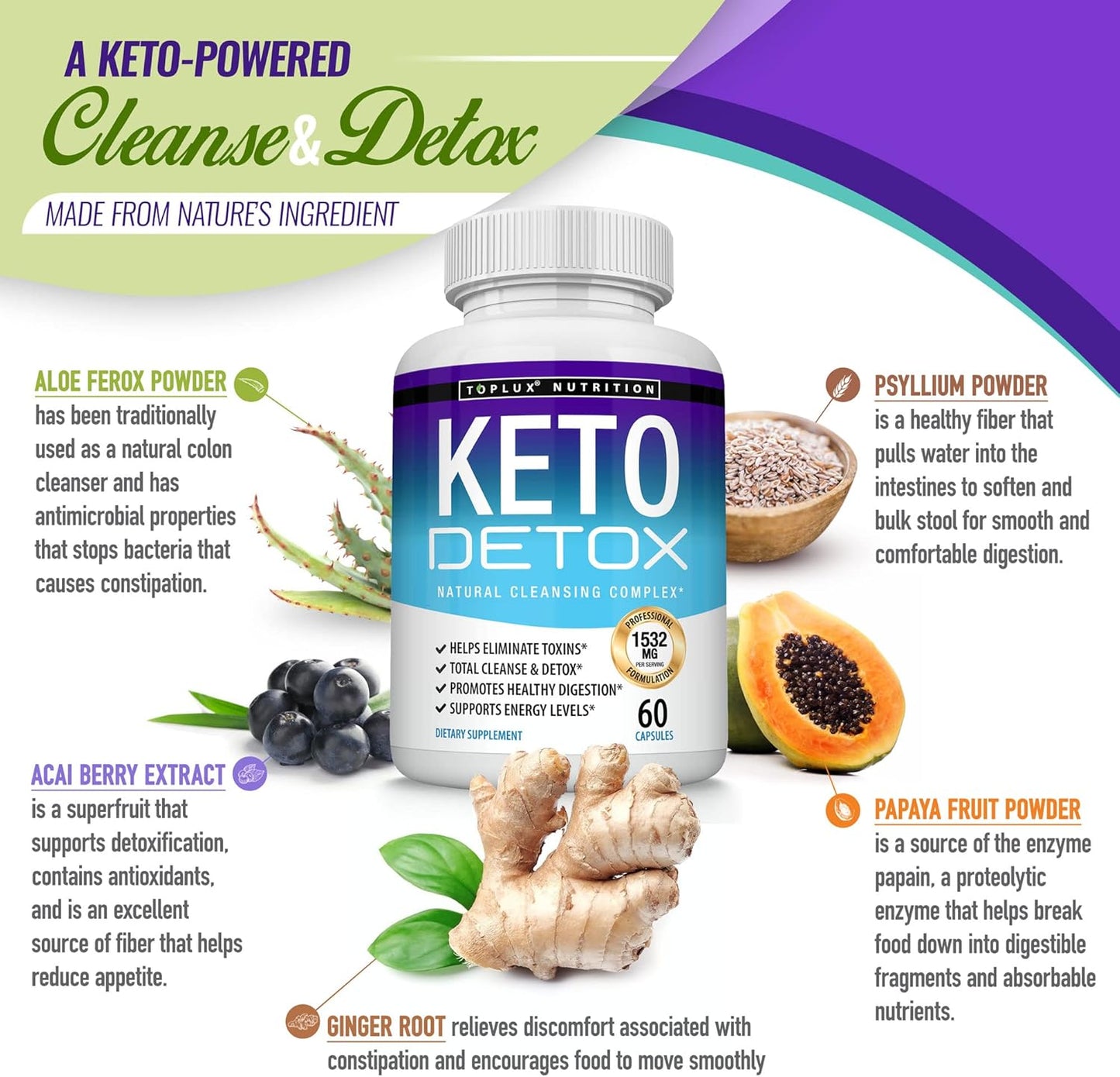 Natural Acai Colon Cleanser Formula - Toplux Keto Detox Pills for Men and Women - Advanced Cleansing Extract to Flush Toxins and Excess Waste - 60 Capsules