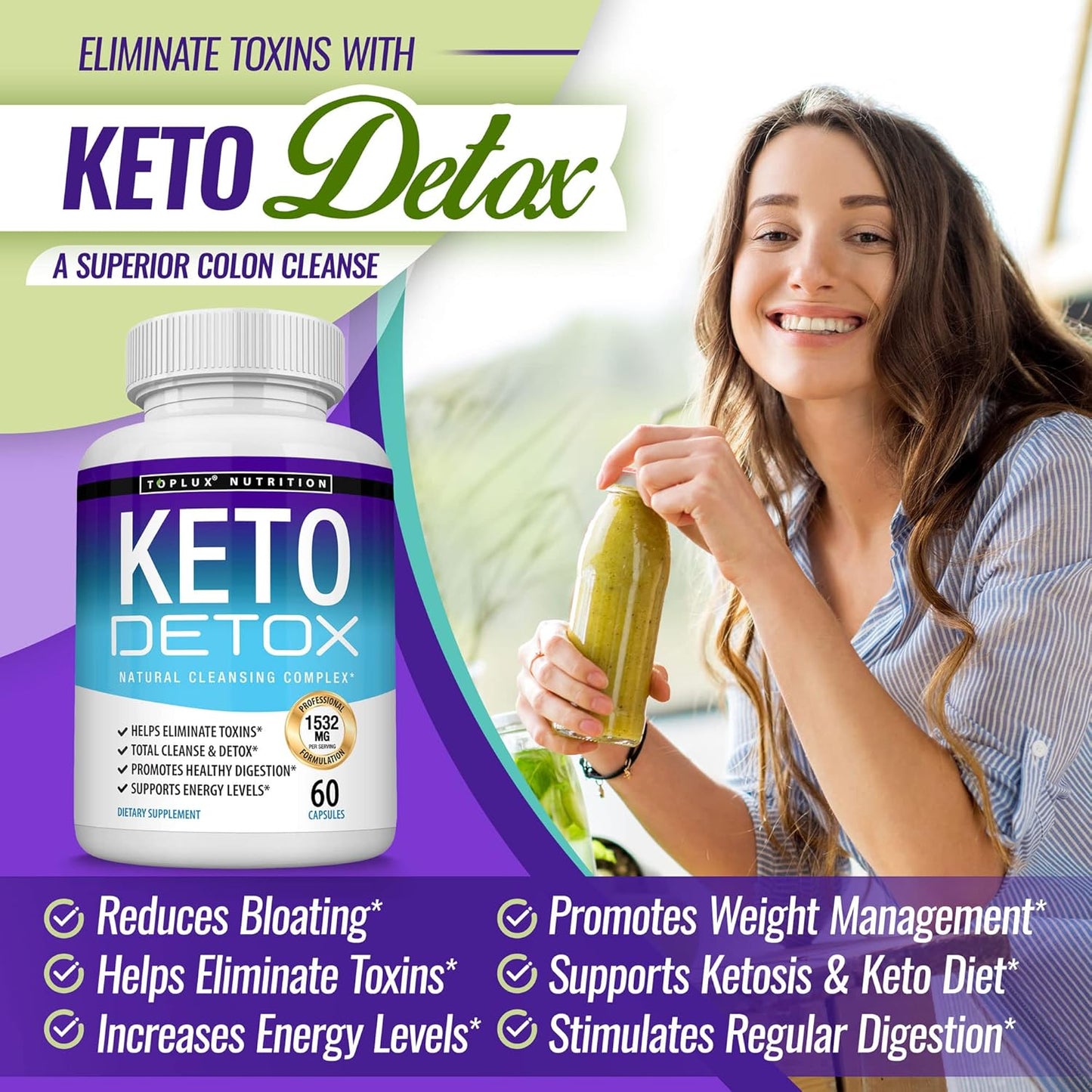 Natural Acai Colon Cleanser Formula - Toplux Keto Detox Pills for Men and Women - Advanced Cleansing Extract to Flush Toxins and Excess Waste - 60 Capsules