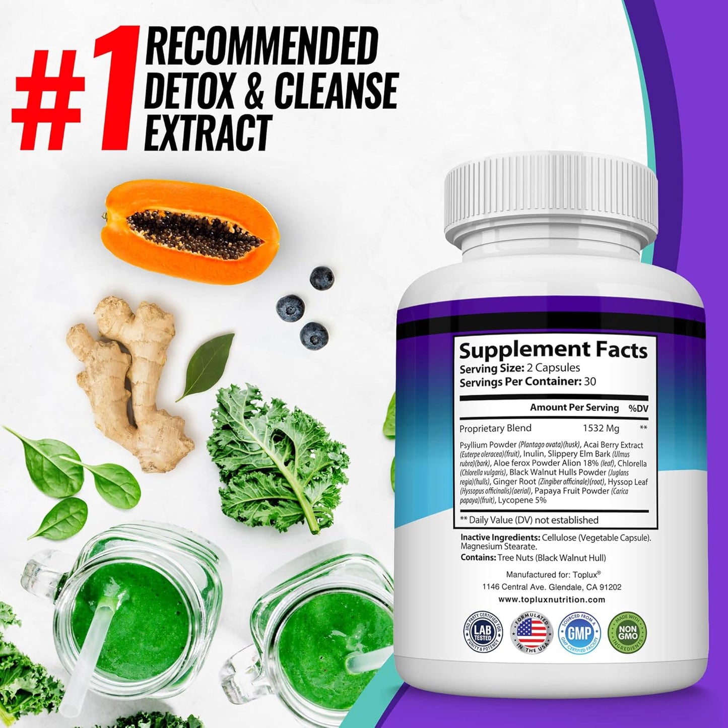 Natural Acai Colon Cleanser Formula - Toplux Keto Detox Pills for Men and Women - Advanced Cleansing Extract to Flush Toxins and Excess Waste - 60 Capsules