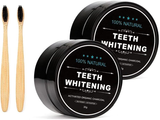 Natural Activated Charcoal Teeth Whitening Set with Bamboo Brush - 2-Pack Oral Care Powder