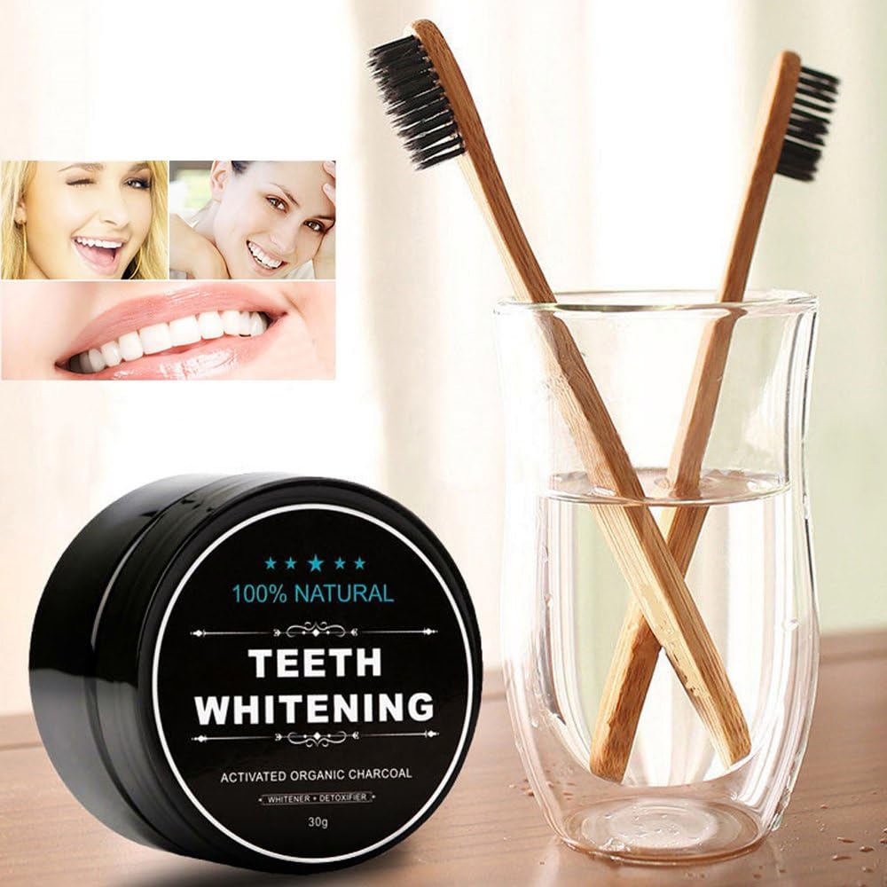 Natural Activated Charcoal Teeth Whitening Set with Bamboo Brush - 2-Pack Oral Care Powder