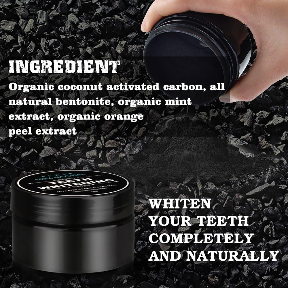 Natural Activated Charcoal Teeth Whitening Set with Bamboo Brush - 2-Pack Oral Care Powder