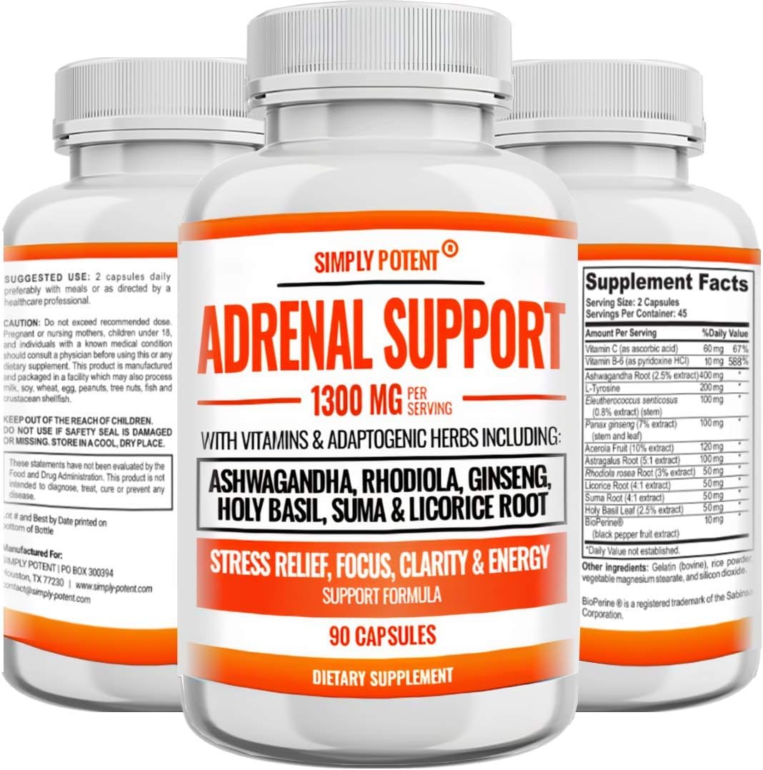 Natural Adrenal Support Capsules with Ashwagandha, Licorice, Rhodiola, Ginseng - 90 Count - Adrenal Health Supplement for Men & Women