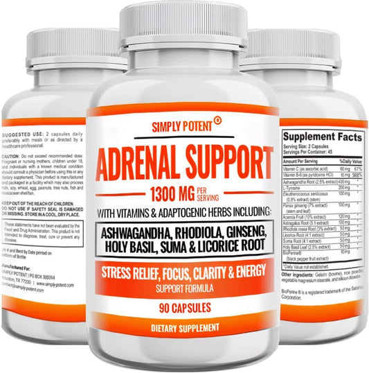 Natural Adrenal Support Capsules with Ashwagandha, Licorice, Rhodiola, Ginseng - 90 Count - Adrenal Health Supplement for Men & Women