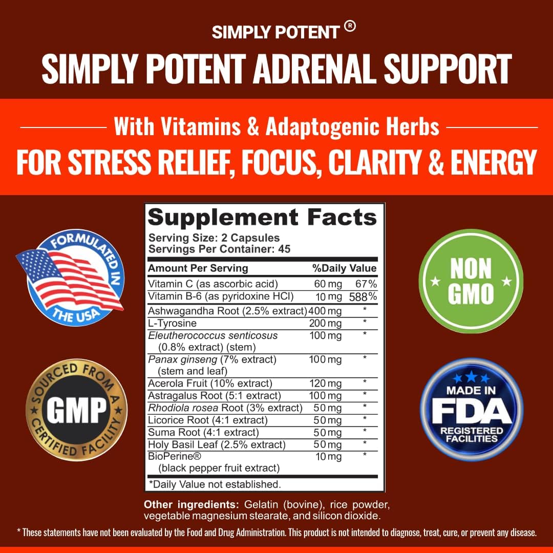Natural Adrenal Support Capsules with Ashwagandha, Licorice, Rhodiola, Ginseng - 90 Count - Adrenal Health Supplement for Men & Women