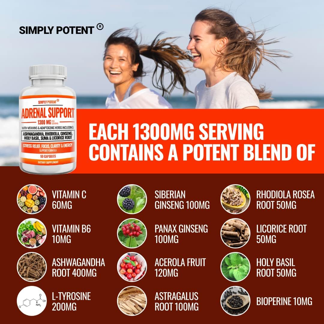 Natural Adrenal Support Capsules with Ashwagandha, Licorice, Rhodiola, Ginseng - 90 Count - Adrenal Health Supplement for Men & Women