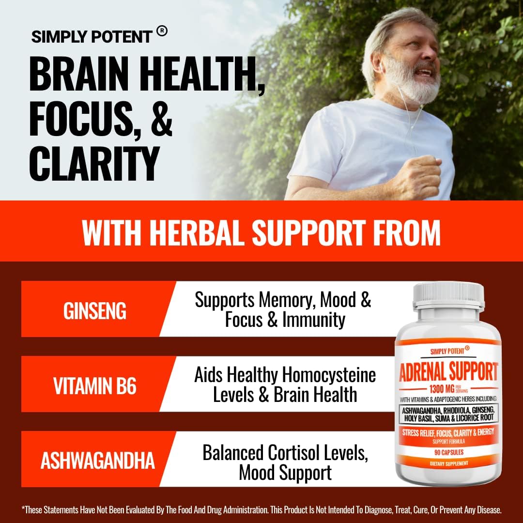 Natural Adrenal Support Capsules with Ashwagandha, Licorice, Rhodiola, Ginseng - 90 Count - Adrenal Health Supplement for Men & Women