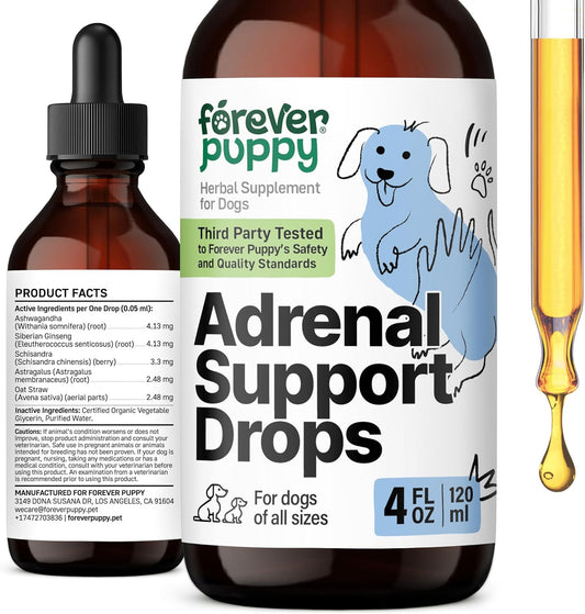 Natural Adrenal Support Drops for Dogs - Ashwagandha & Ginseng Root Extract for Energy - Calming Supplement for All Breeds - 4 fl oz