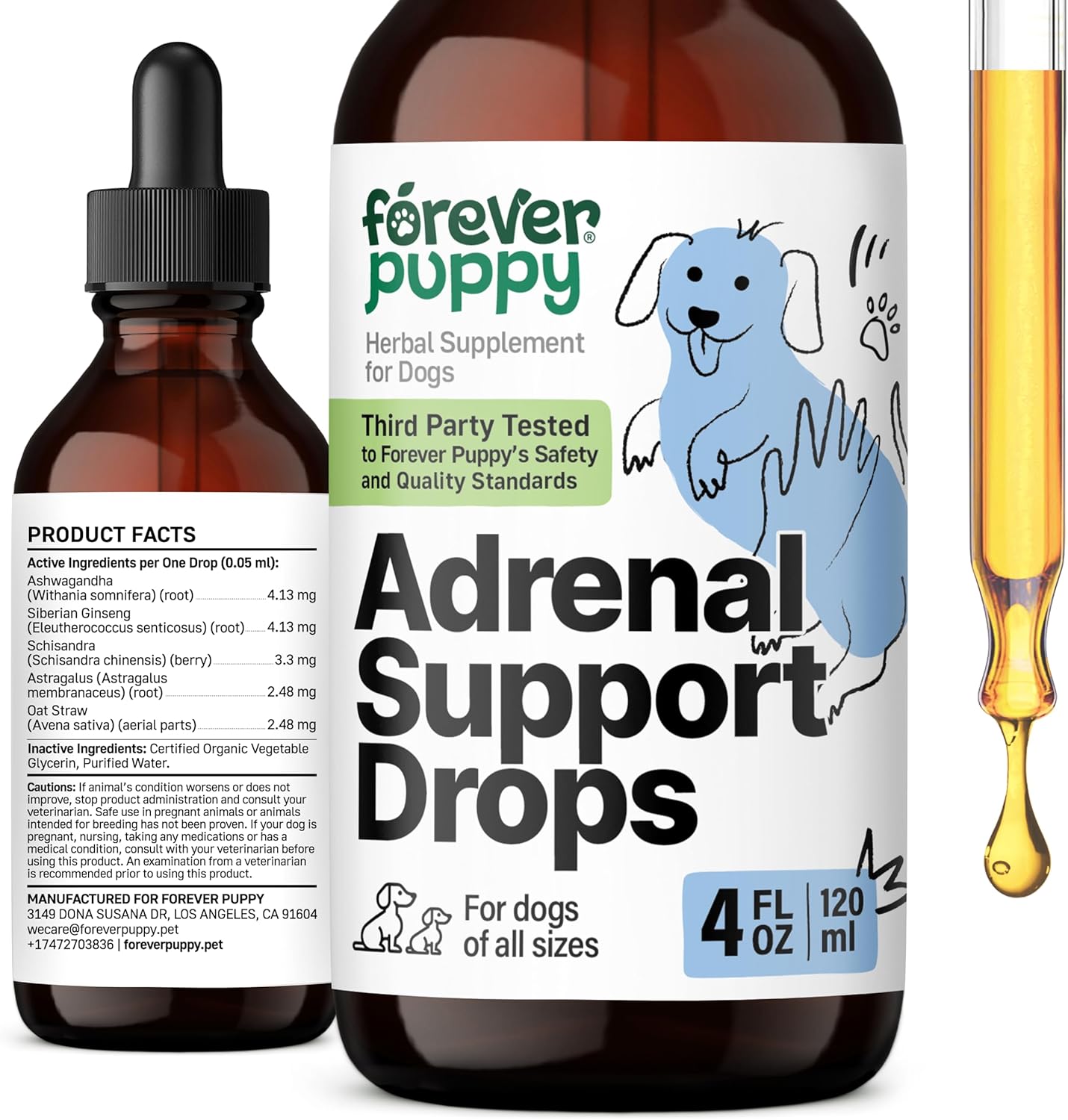 Natural Adrenal Support Drops for Dogs - Ashwagandha & Ginseng Root Extract for Energy - Calming Supplement for All Breeds - 4 fl oz