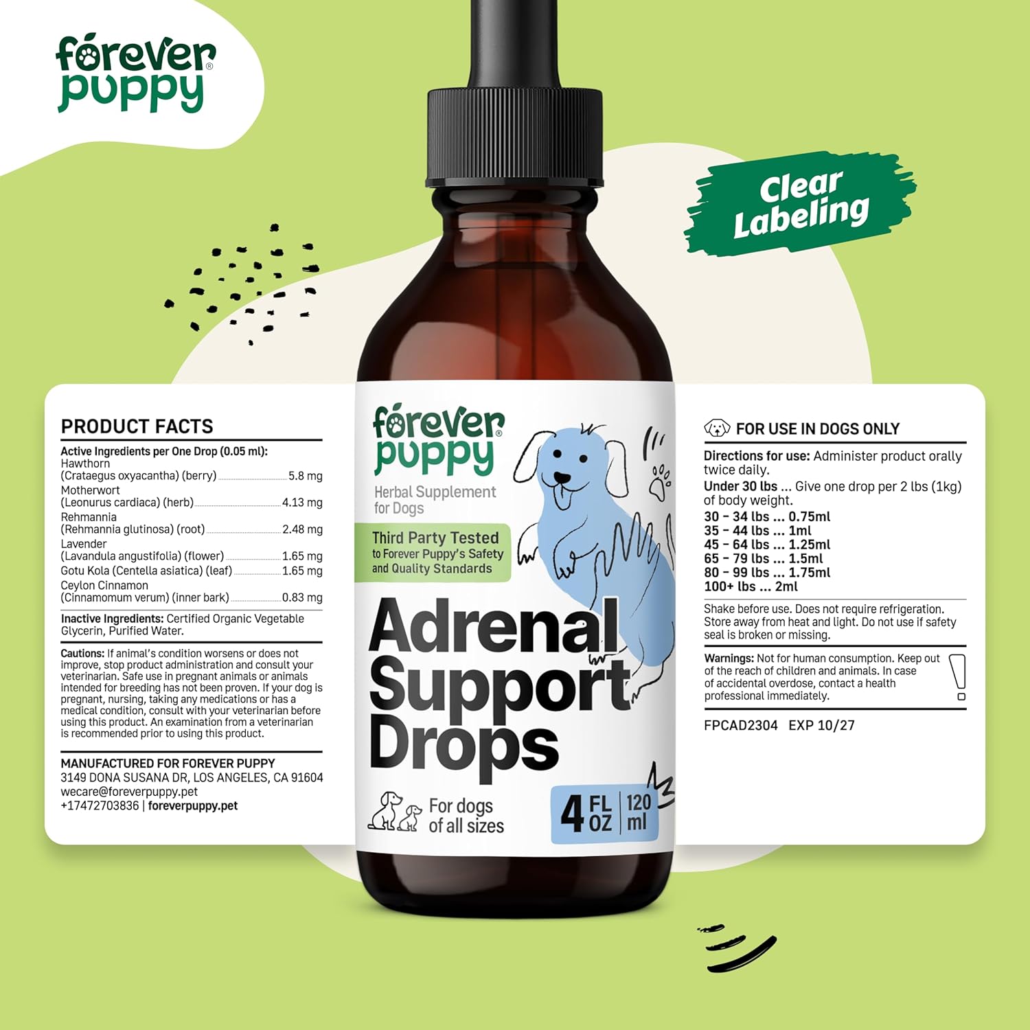 Natural Adrenal Support Drops for Dogs - Ashwagandha & Ginseng Root Extract for Energy - Calming Supplement for All Breeds - 4 fl oz