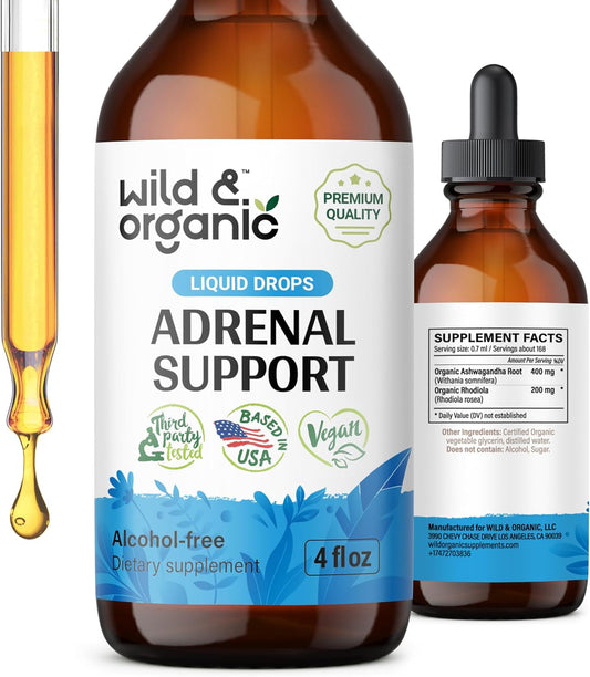 Natural Adrenal Support Drops for Women and Men - Vegan & Organic Adrenal Support Supplements - Sugar & Alcohol-Free - 2-Month Supply - 4 fl oz