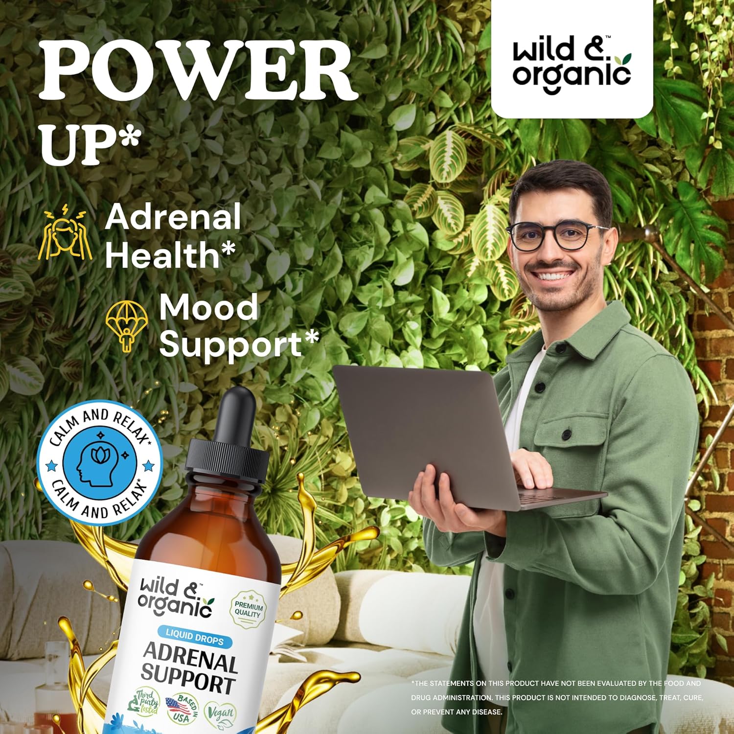 Natural Adrenal Support Drops for Women and Men - Vegan & Organic Adrenal Support Supplements - Sugar & Alcohol-Free - 2-Month Supply - 4 fl oz