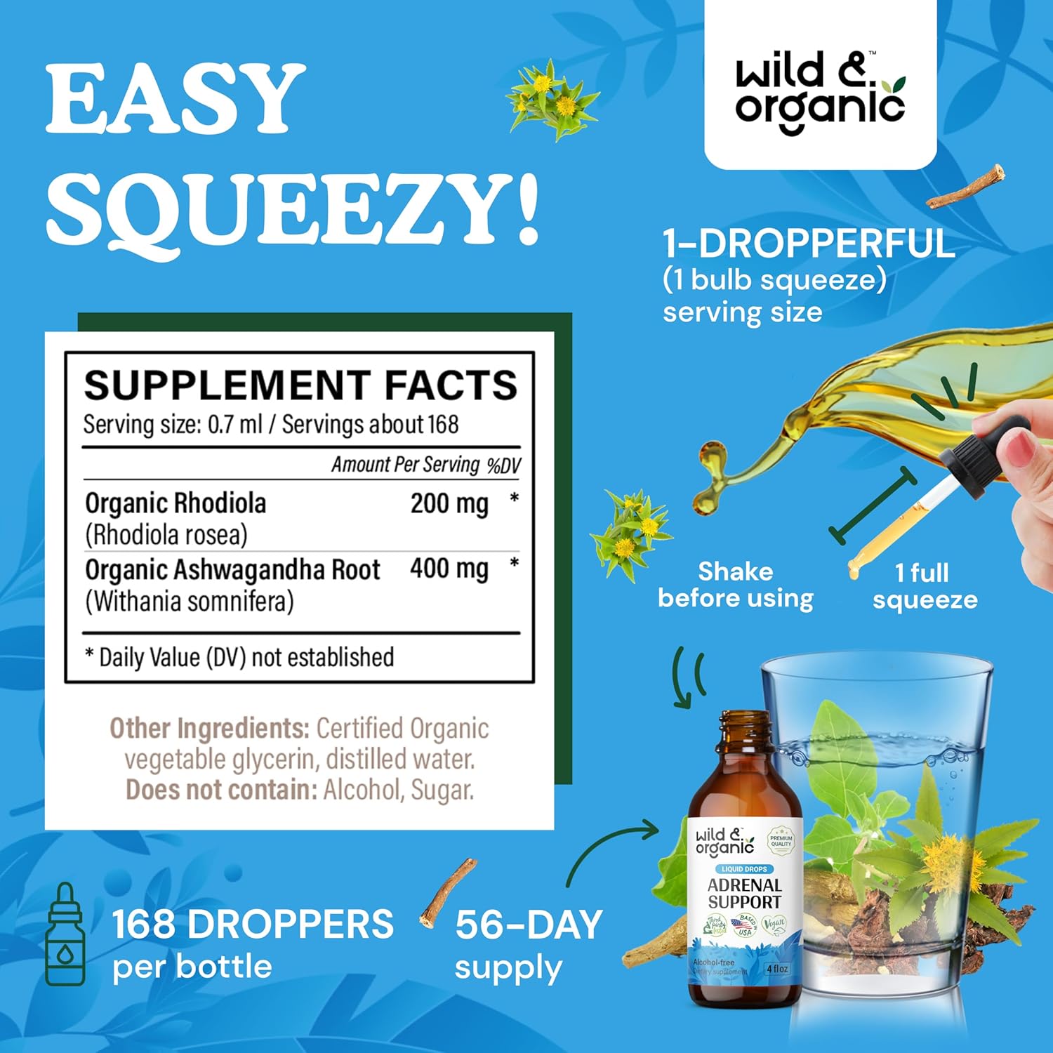Natural Adrenal Support Drops for Women and Men - Vegan & Organic Adrenal Support Supplements - Sugar & Alcohol-Free - 2-Month Supply - 4 fl oz