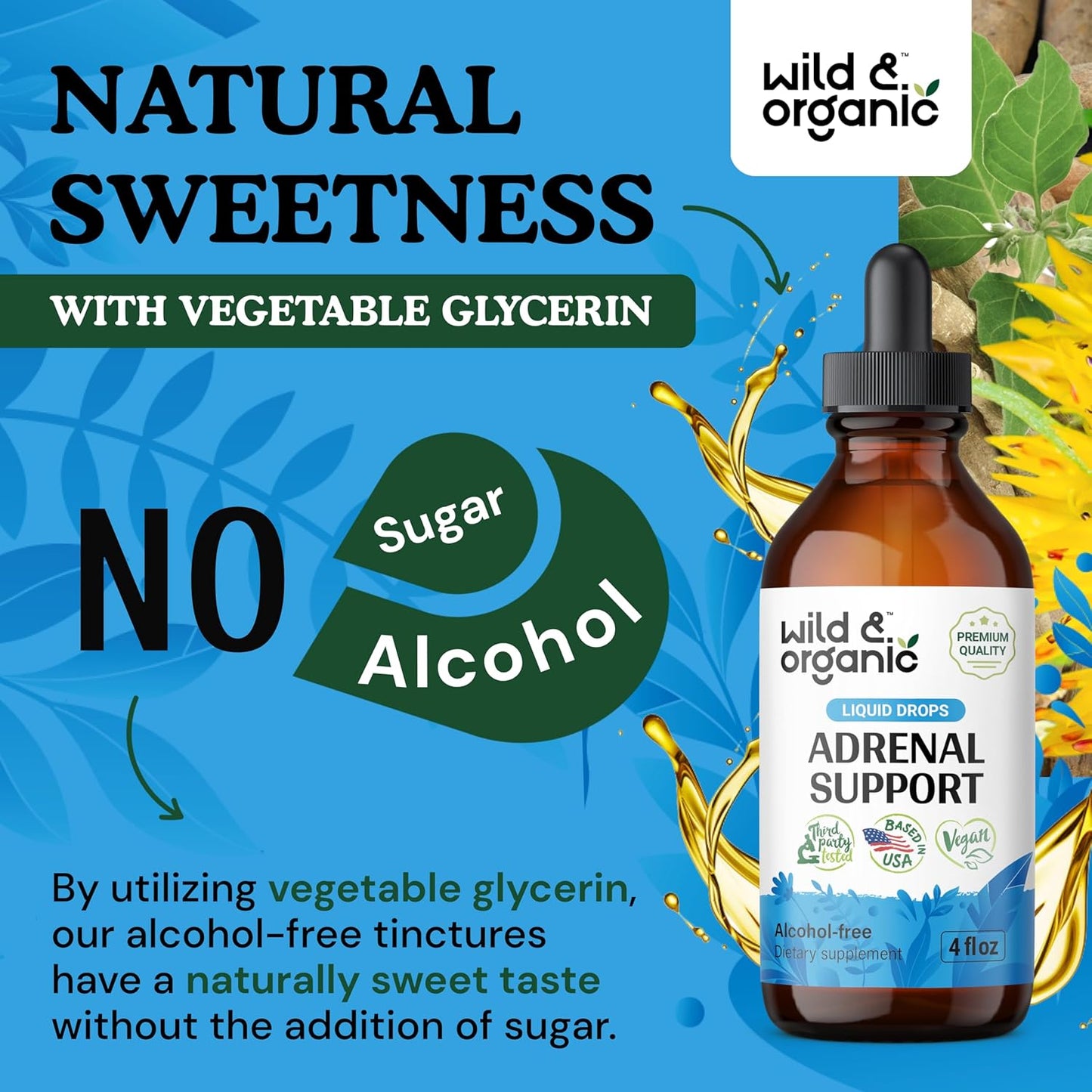 Natural Adrenal Support Drops for Women and Men - Vegan & Organic Adrenal Support Supplements - Sugar & Alcohol-Free - 2-Month Supply - 4 fl oz