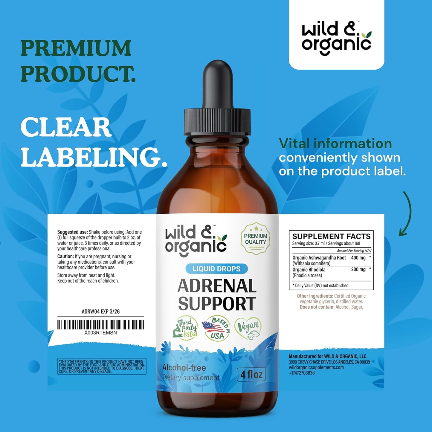 Natural Adrenal Support Drops for Women and Men - Vegan & Organic Adrenal Support Supplements - Sugar & Alcohol-Free - 2-Month Supply - 4 fl oz