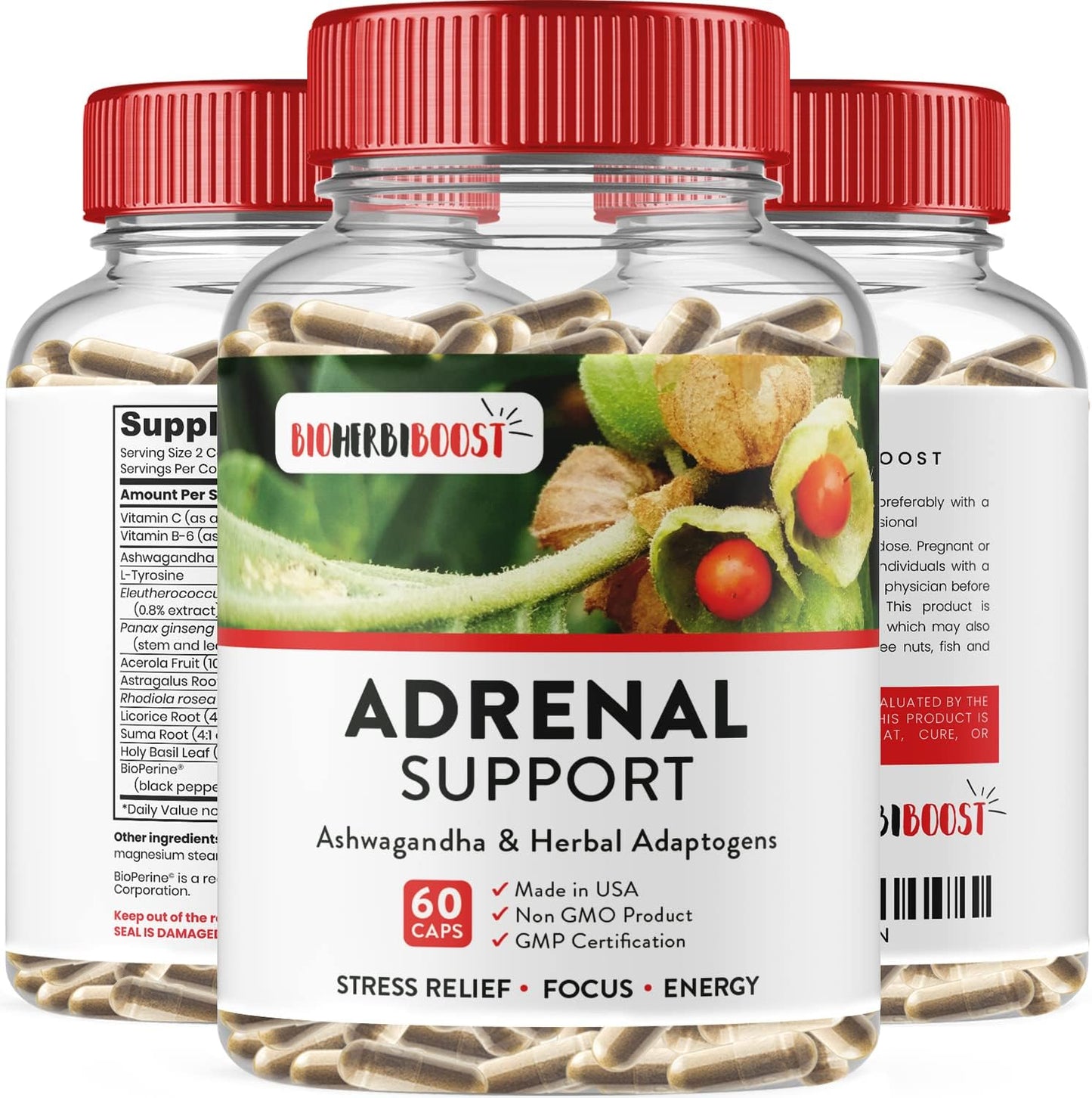 Natural Adrenal Support Supplement for Focus, Energy, and Fatigue Relief - 60 Capsules with Ashwagandha & Adaptogens by HERBI BOOST NATURALS