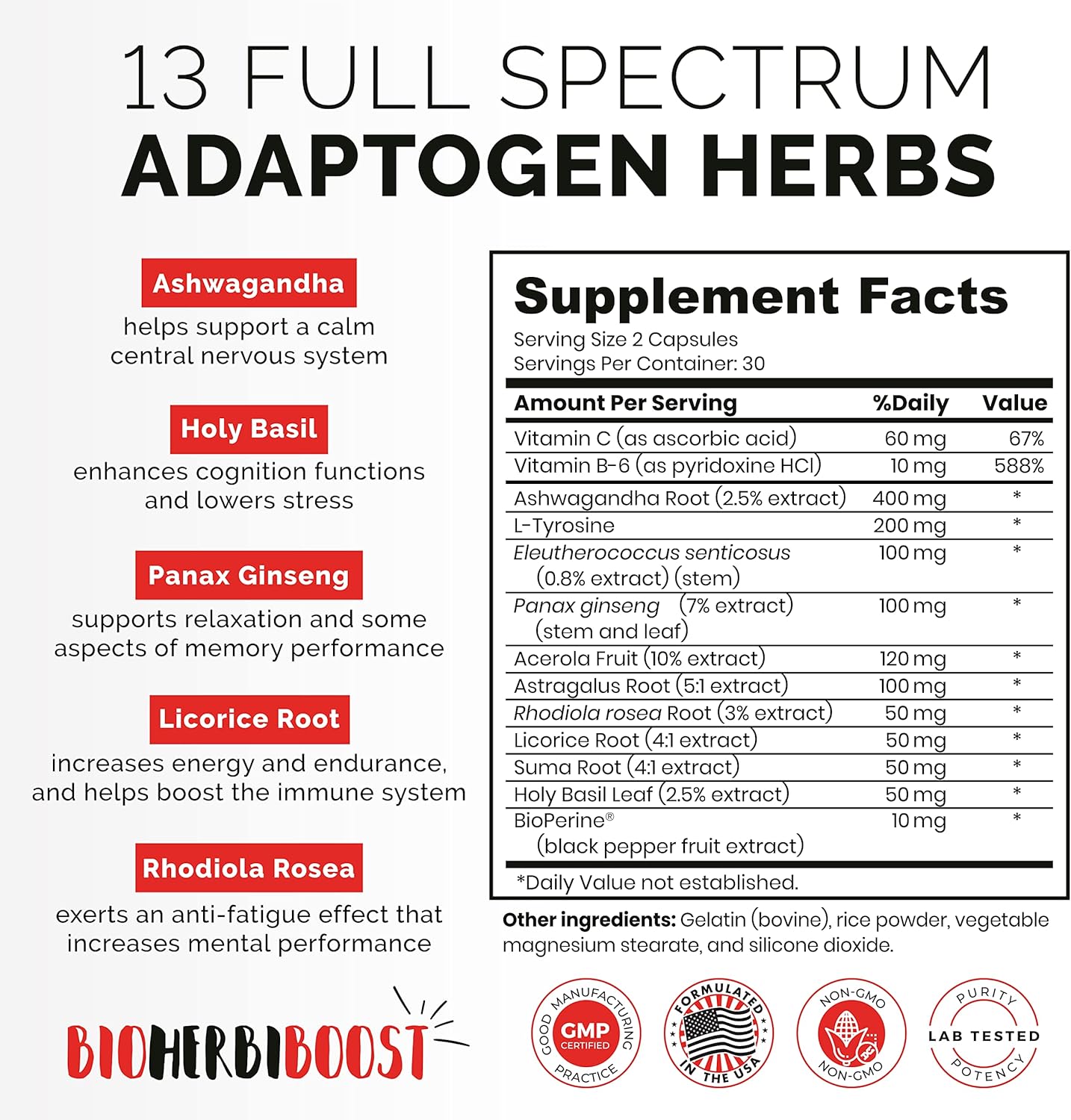 Natural Adrenal Support Supplement for Focus, Energy, and Fatigue Relief - 60 Capsules with Ashwagandha & Adaptogens by HERBI BOOST NATURALS