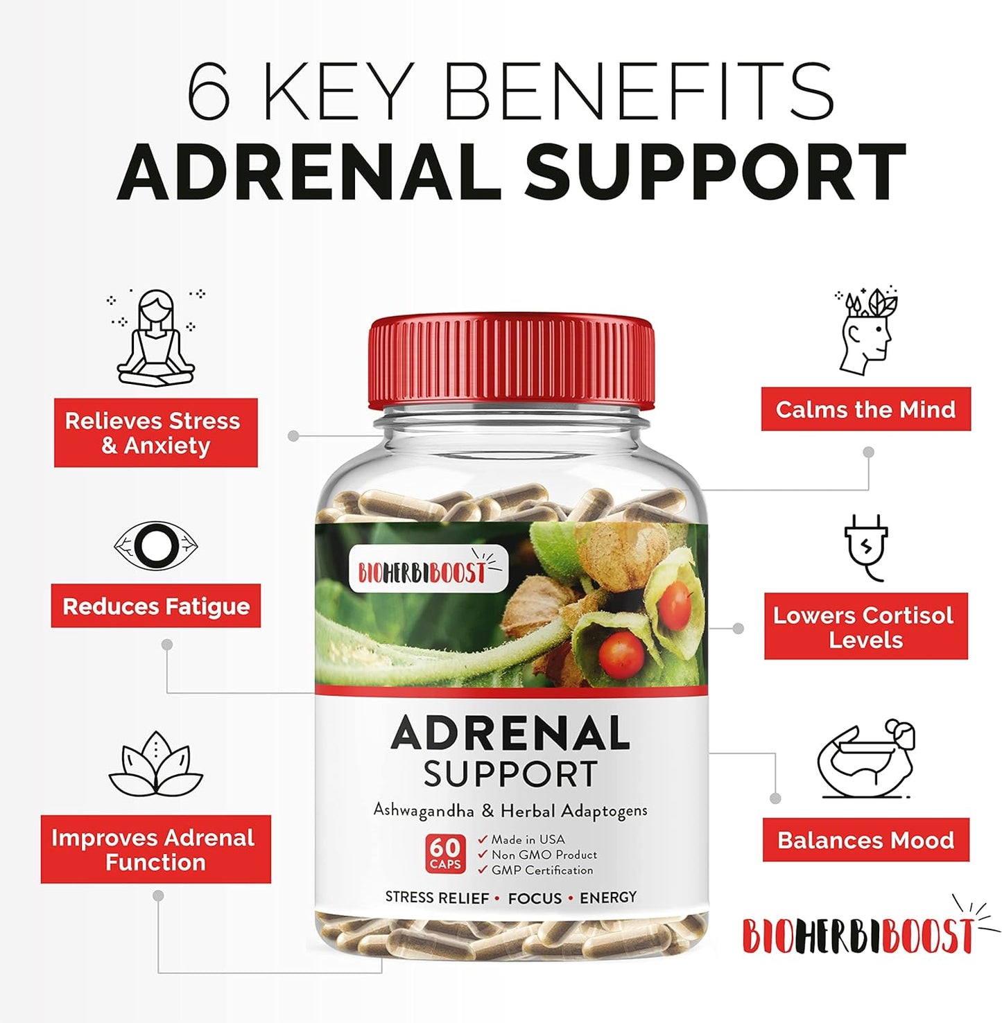Natural Adrenal Support Supplement for Focus, Energy, and Fatigue Relief - 60 Capsules with Ashwagandha & Adaptogens by HERBI BOOST NATURALS