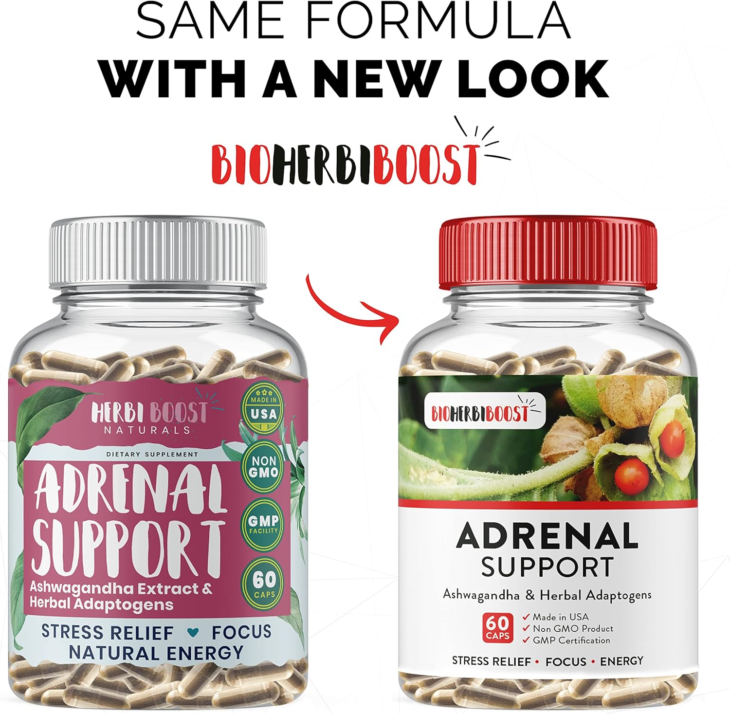 Natural Adrenal Support Supplement for Focus, Energy, and Fatigue Relief - 60 Capsules with Ashwagandha & Adaptogens by HERBI BOOST NATURALS