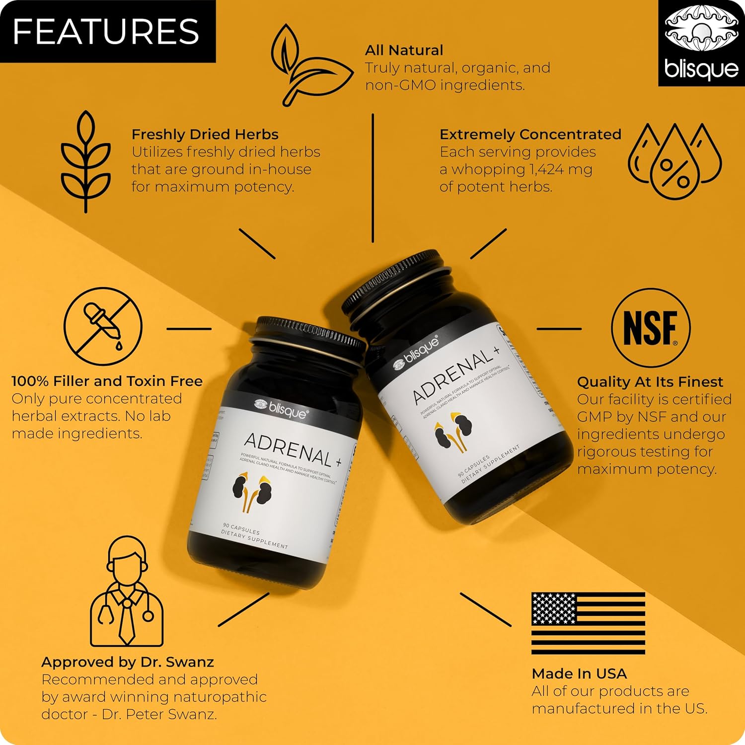 Natural Adrenal Support Supplement with Ashwagandha for Stress Relief and Cortisol Management - 90 Vegan Capsules